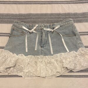 Coquette Denim Skirt with White Lace Trim 🤍